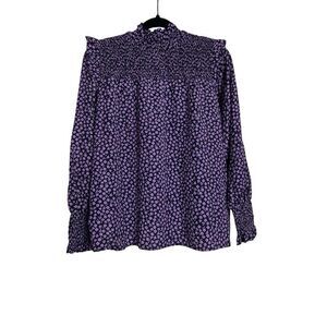 Barbour Blouse Womens Sz 10 Purple Black Midhurst Smocked Long Sleeve Floral NWT